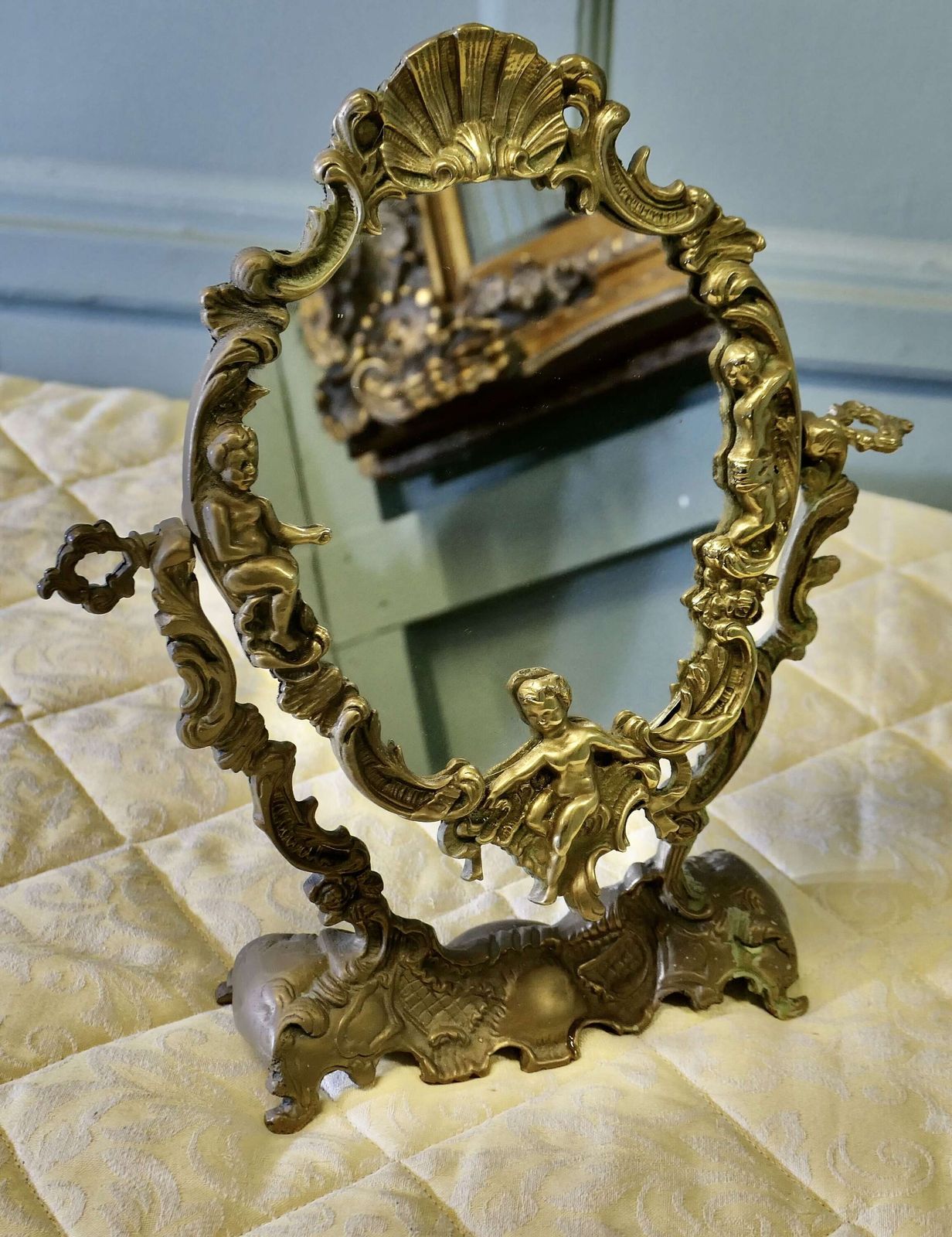 Arts And Crafts Gothic Style Brass Mirror photo vinterior