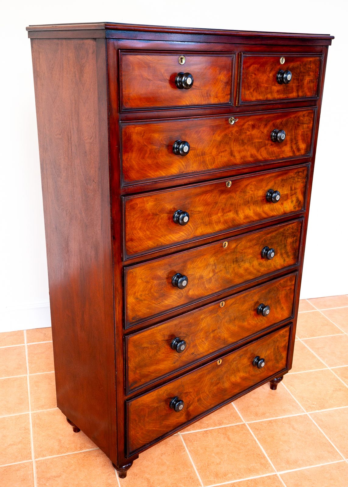 Rare Tall Antique Chest Of Drawers Flame Mahogany 1840 Country House Highboy Tallyboy 7 Drawers Biedermeier 19th Century Mother Pearl Early Victoria.N photo Furniture