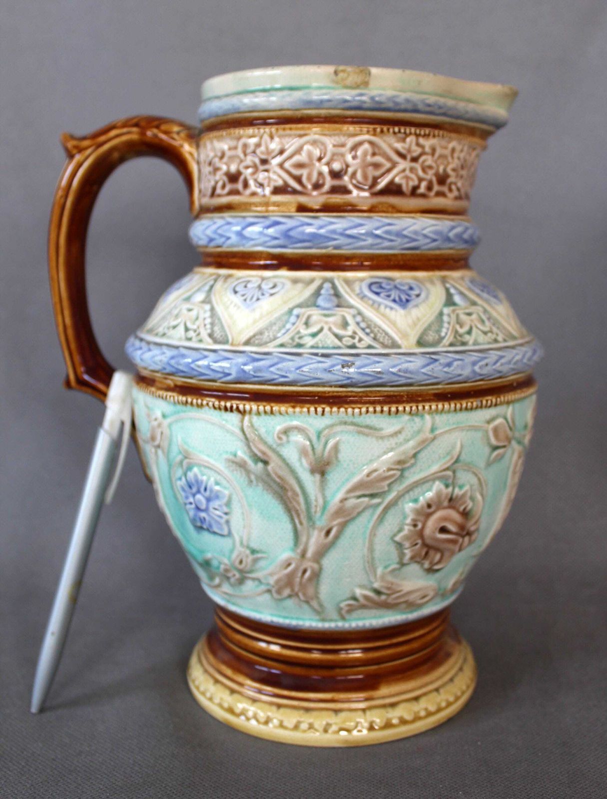Large And Tall Antique Mouzin Lecat Nimy Lez Mons Belgium, Circa 1851 1898, Majolica Ceramic Jug, Water Pitcher, Collectible, Victorian photo furniture