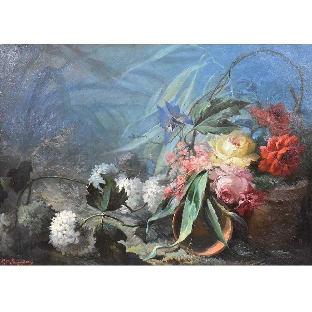 Antique Flower Painting, Dahlias, Roses And Hydrangeas Flowers, Oil On Canvas, 19th Century. (Qf557) photo furniture