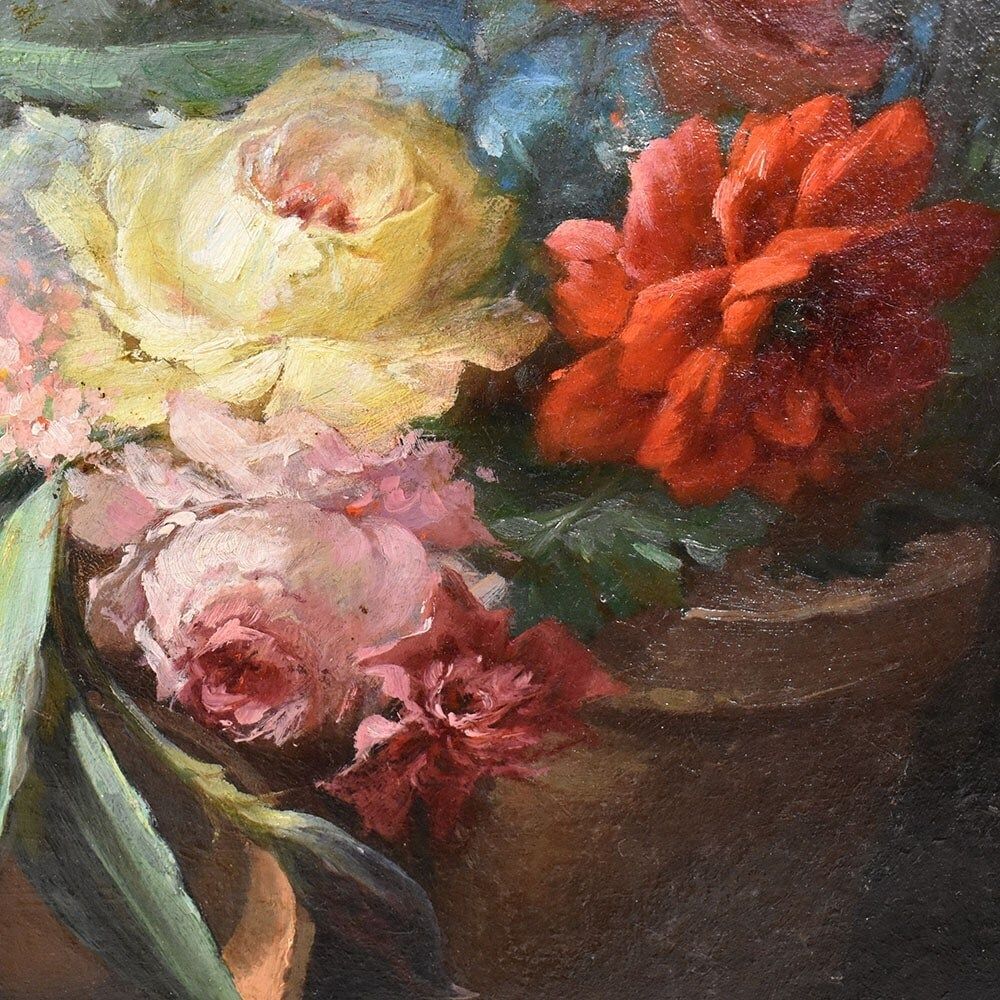 Antique Flower Painting, Dahlias, Roses And Hydrangeas Flowers, Oil On Canvas, 19th Century. (Qf557) photo Art
