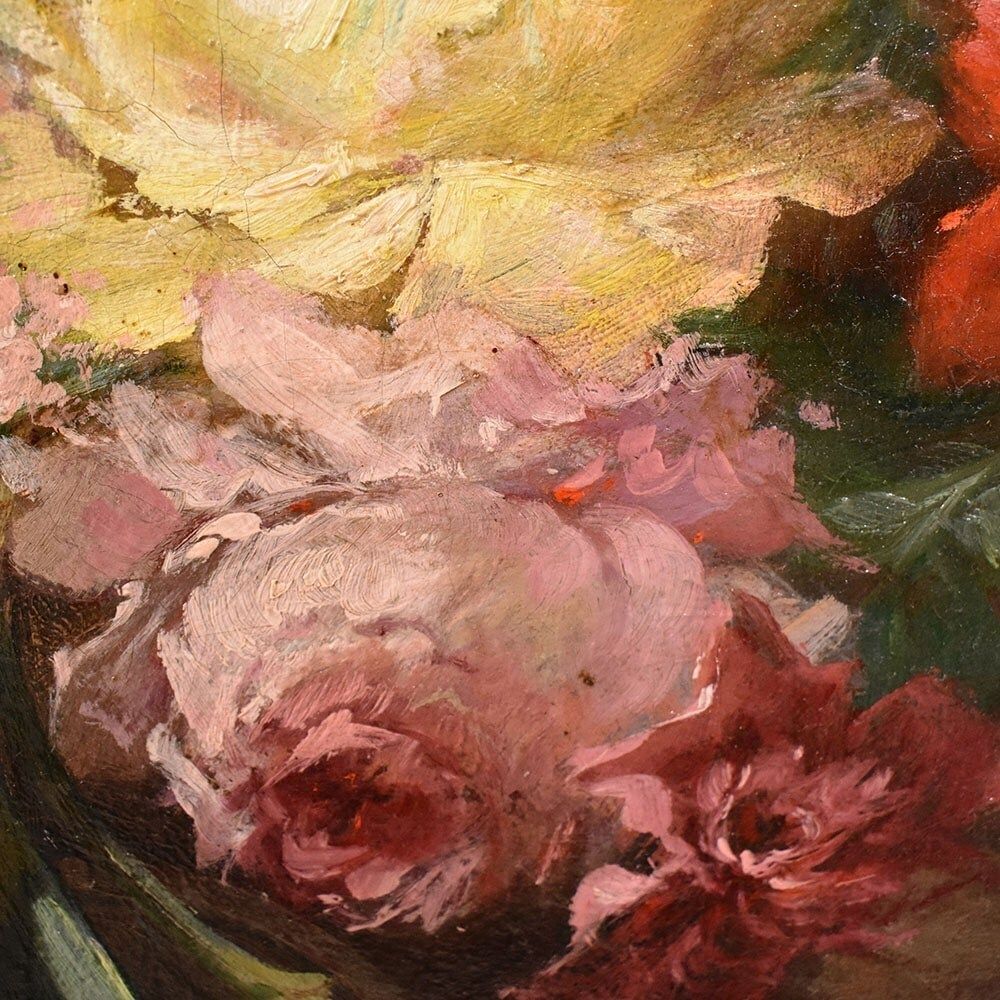 Antique Flower Painting, Dahlias, Roses And Hydrangeas Flowers, Oil On Canvas, 19th Century. (Qf557) photo vintage
