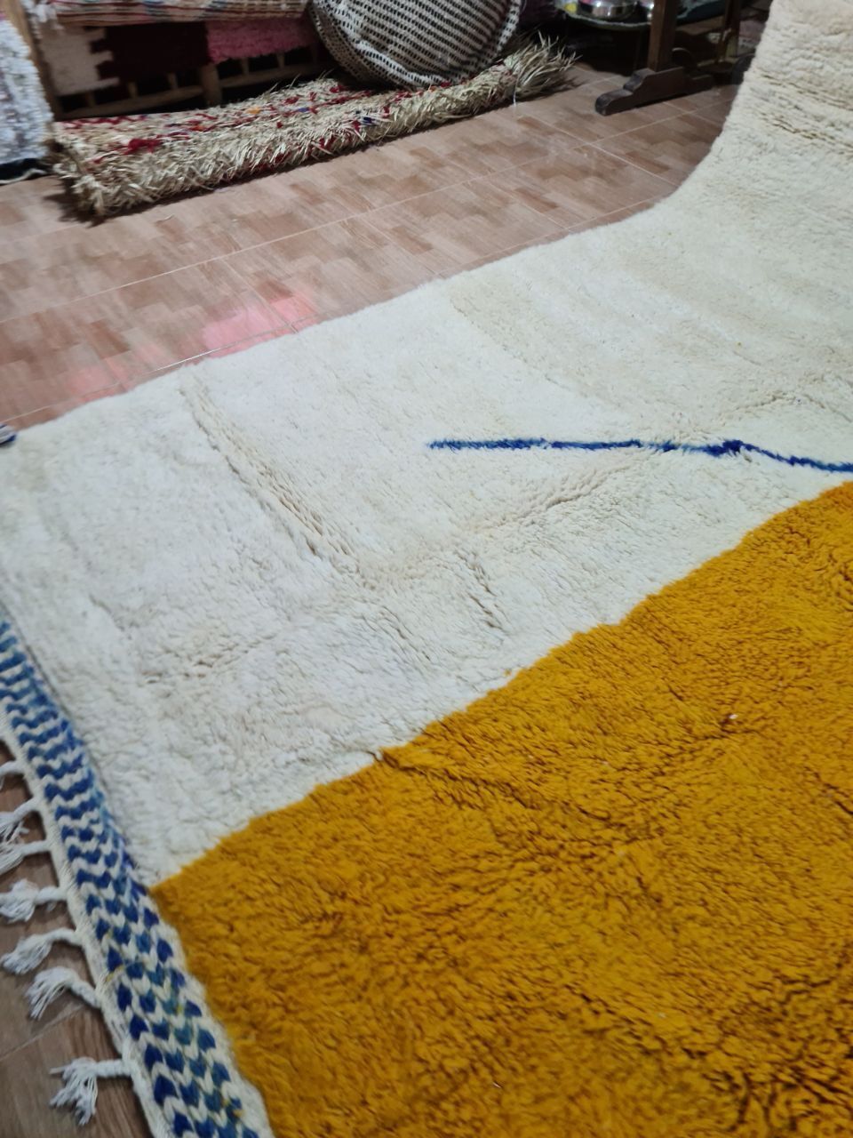 Large Handwoven Beni Ourain Moroccan Rug – 400x270 Cm – Abstract Geometric Design In Mustard, Cream & Indigo photo 1900.0