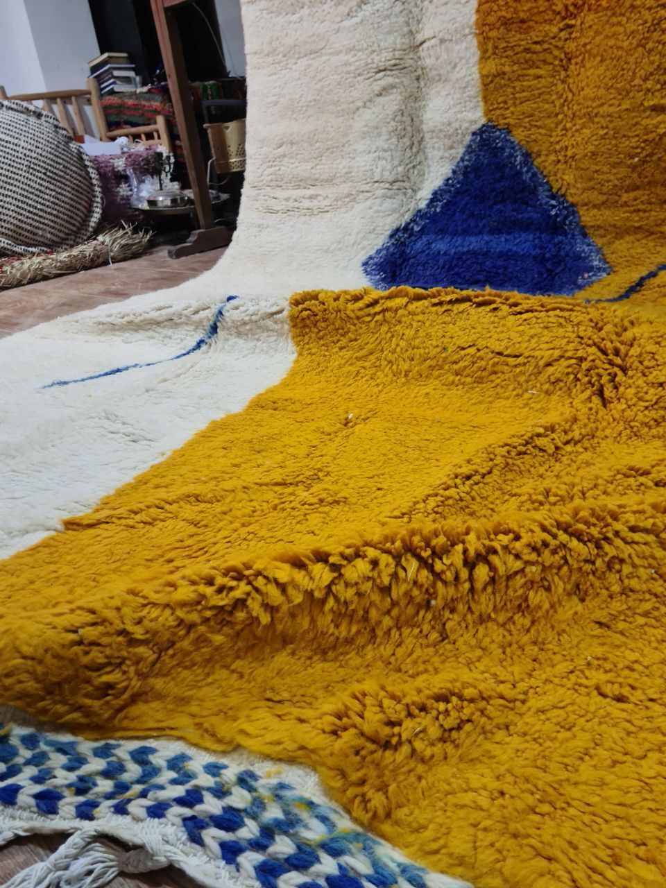 Textiles Large Handwoven Beni Ourain Moroccan Rug – 400x270 Cm – Abstract Geometric Design In Mustard, Cream & Indigo photo
