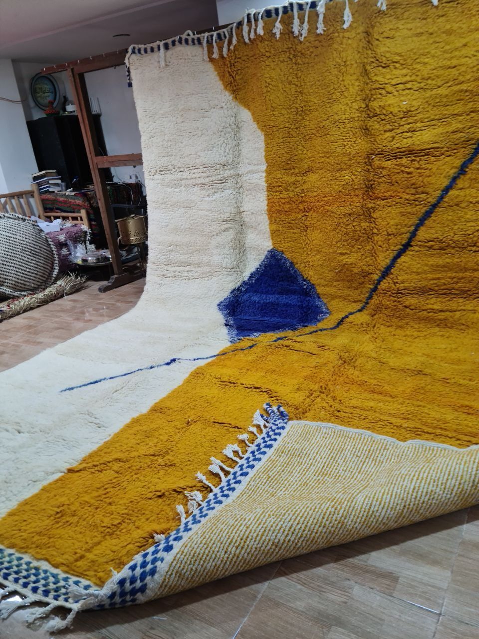 1900.0 Large Handwoven Beni Ourain Moroccan Rug – 400x270 Cm – Abstract Geometric Design In Mustard, Cream & Indigo photo