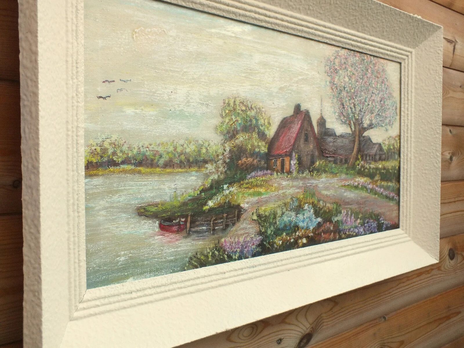 French Impressionist Farmhouse Lakeside Landscape Original Vintage Oil Painting photo 157.0
