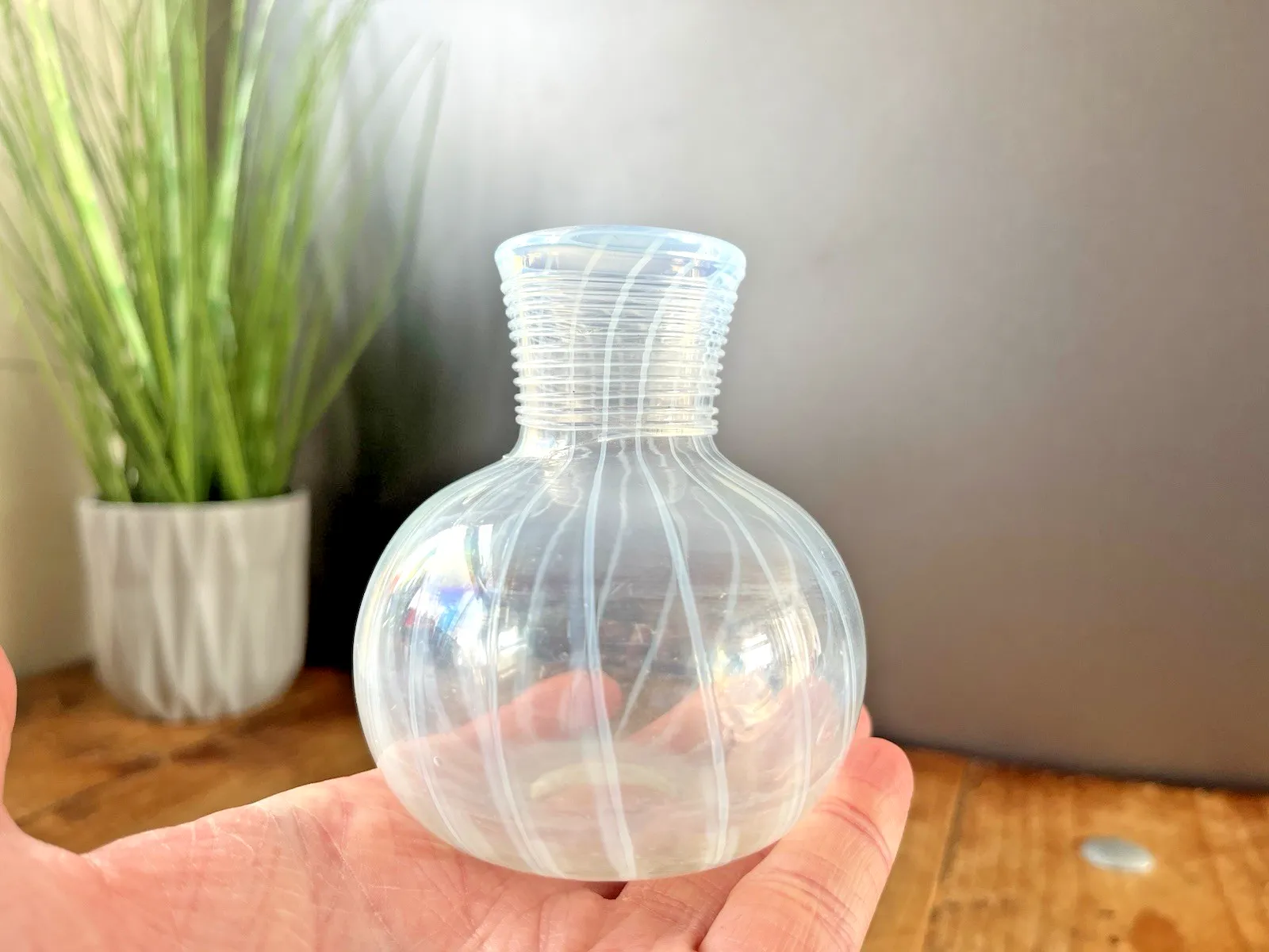 Antique 19th C Glass Opalescent Trailed Striped Miniature Bud Vase Ink Pot photo for sale
