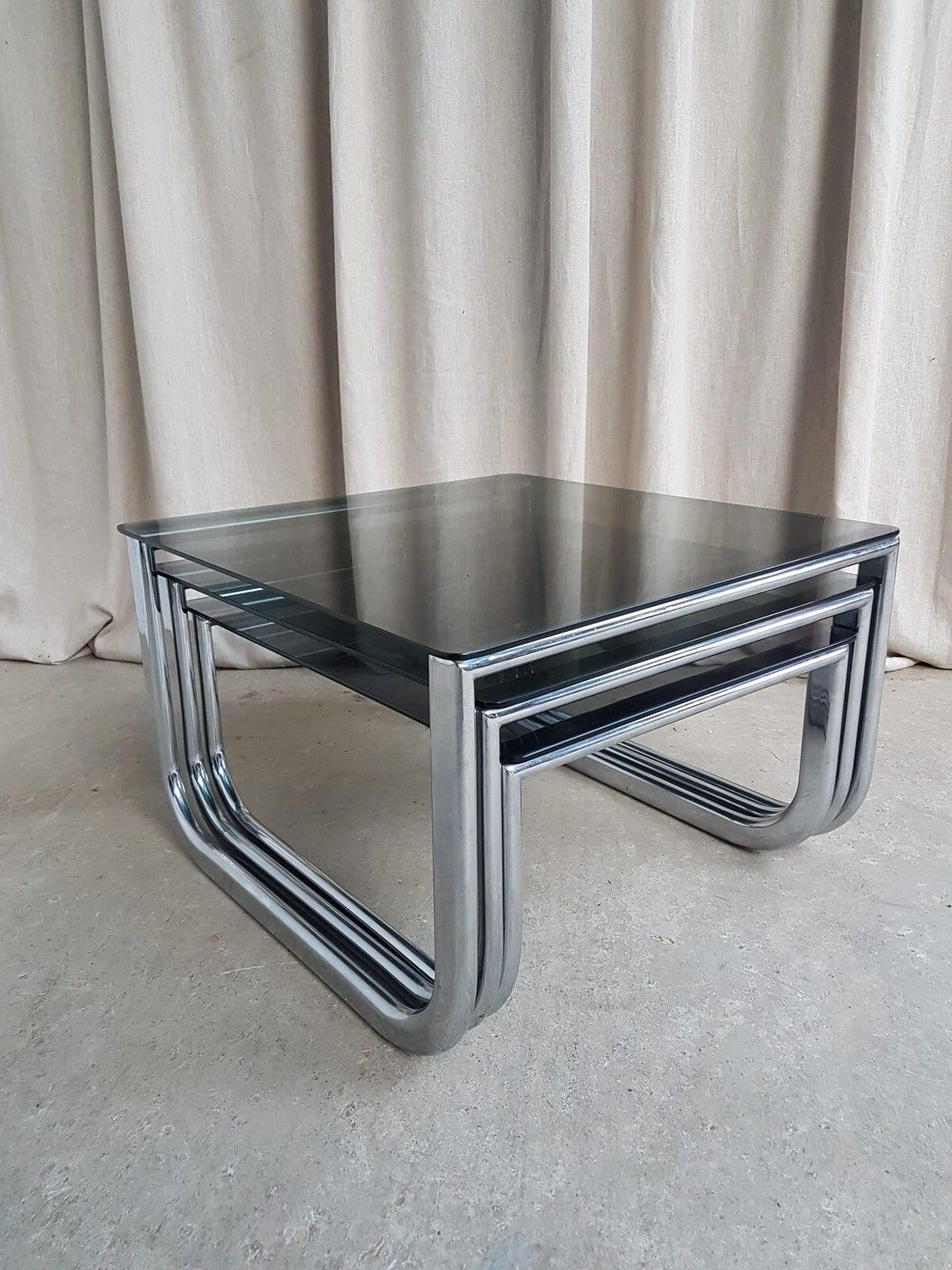 Vtg Mid Century Chrome 70s Modernist Nest Of Tables Danish Retro R330 photo furniture