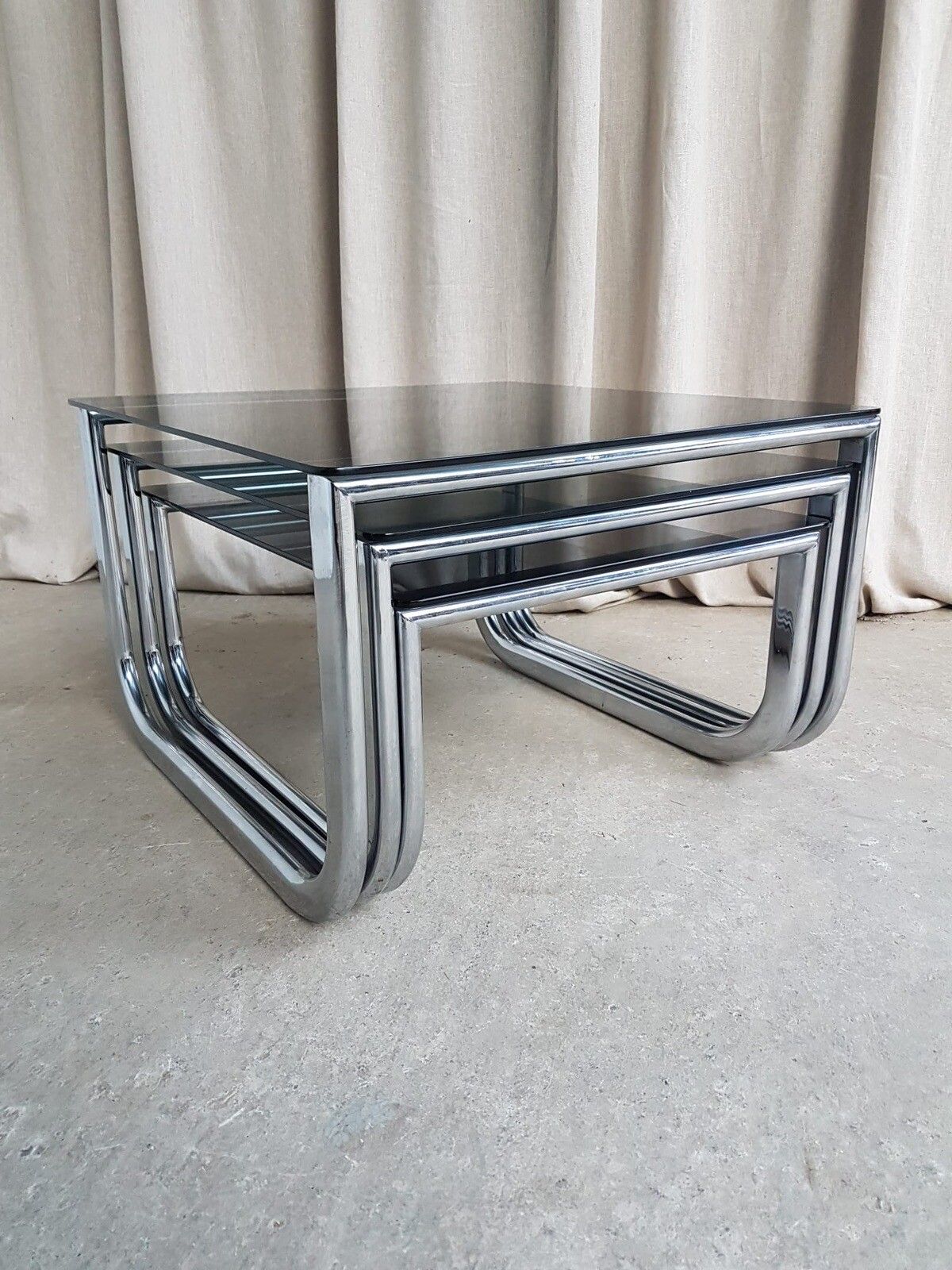 photo furniture Vtg Mid Century Chrome 70s Modernist Nest Of Tables Danish Retro R330