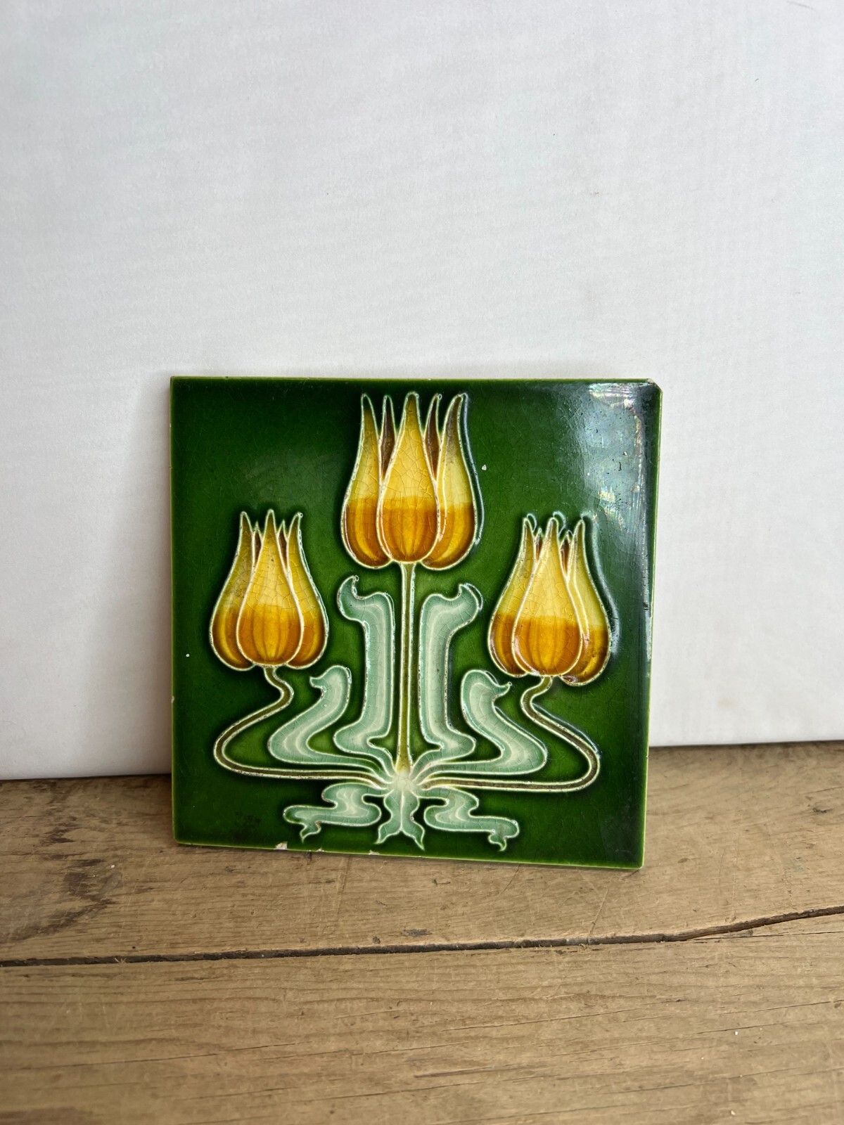 Antique Fireplace Tile Triple Tulip Gibbons Hinton & Co English 1906 Good Cond