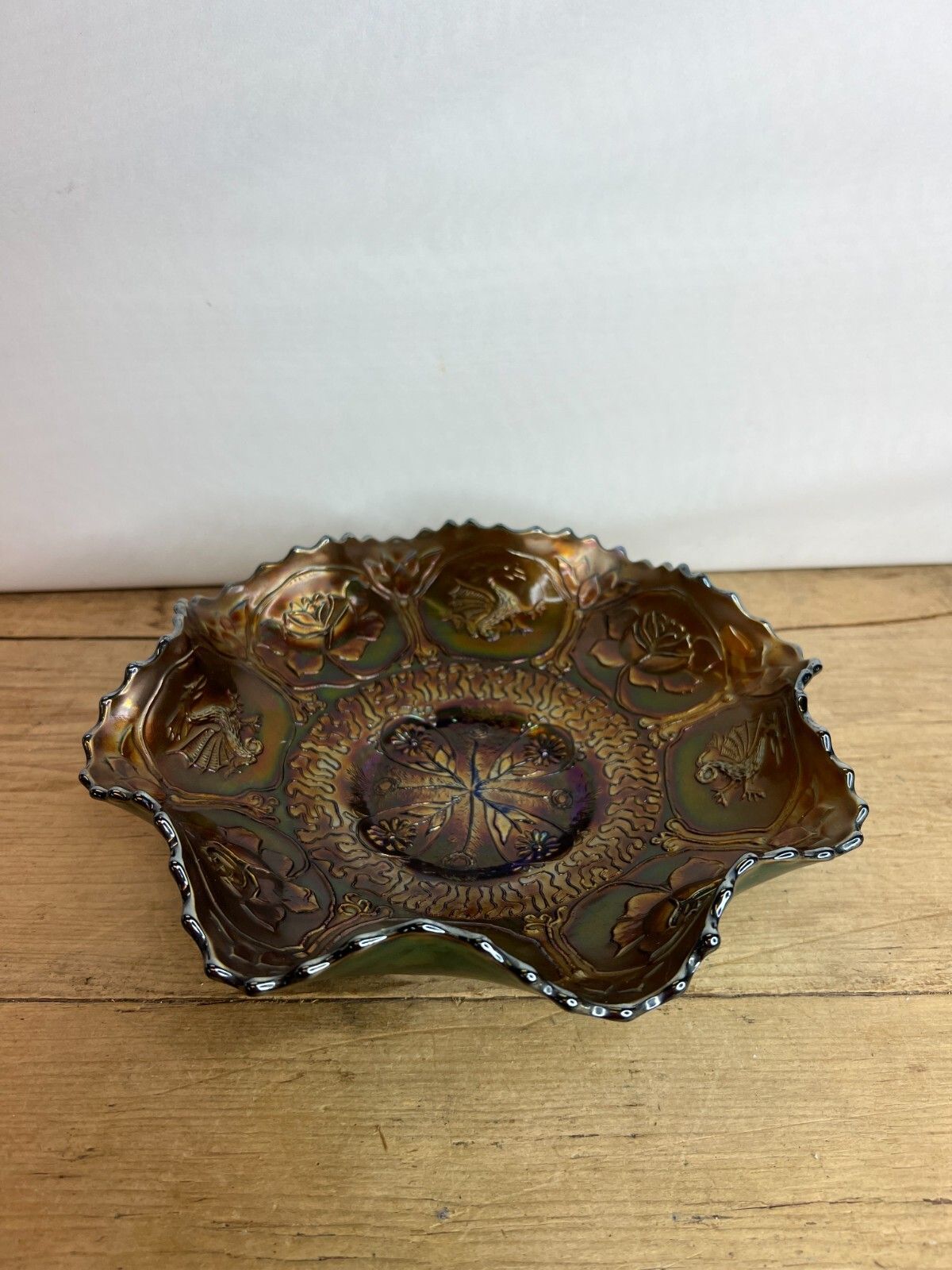 Beautiful Fenton Blue Dragon & Lotus Carnival Glass Bowl Good Condition