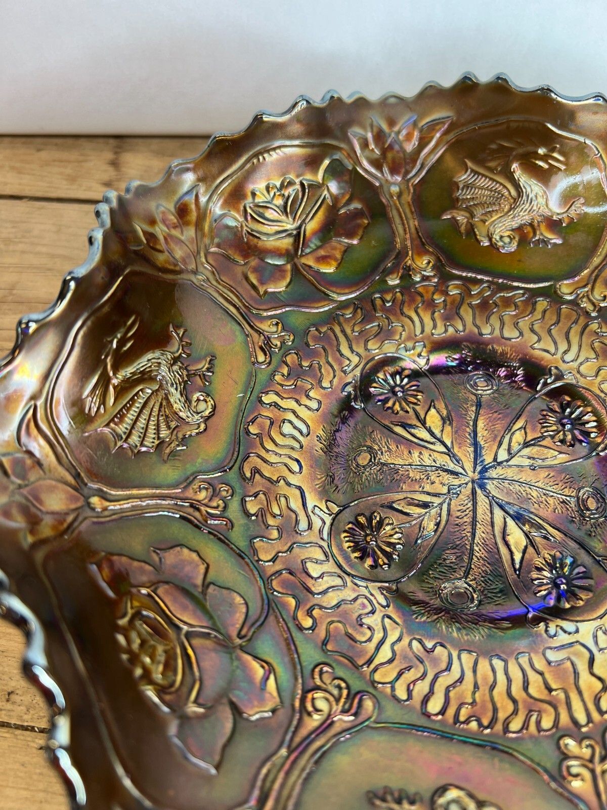 Beautiful Fenton Blue Dragon & Lotus Carnival Glass Bowl Good Condition photo for sale