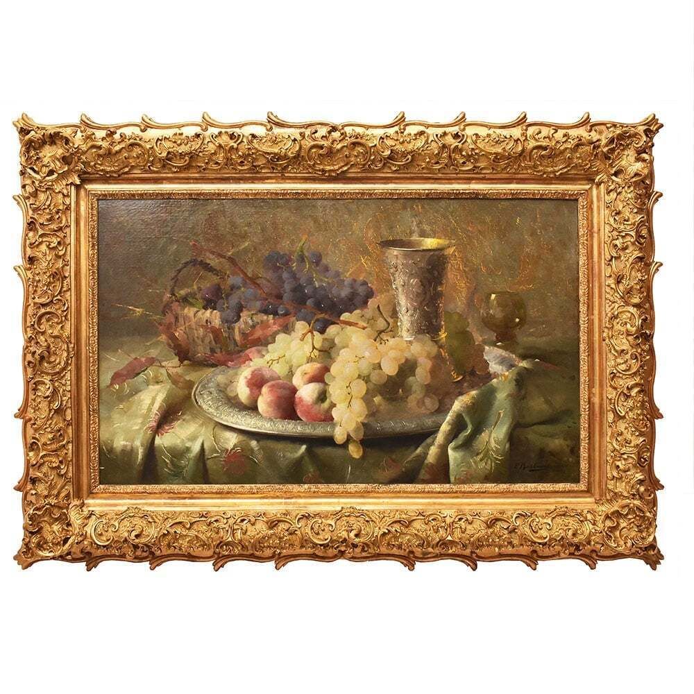 Still Life Oil Painting, Still Life With Fruit, Grapes And Peaches, Oil On Canvas, Antique Painting, XIX Century.