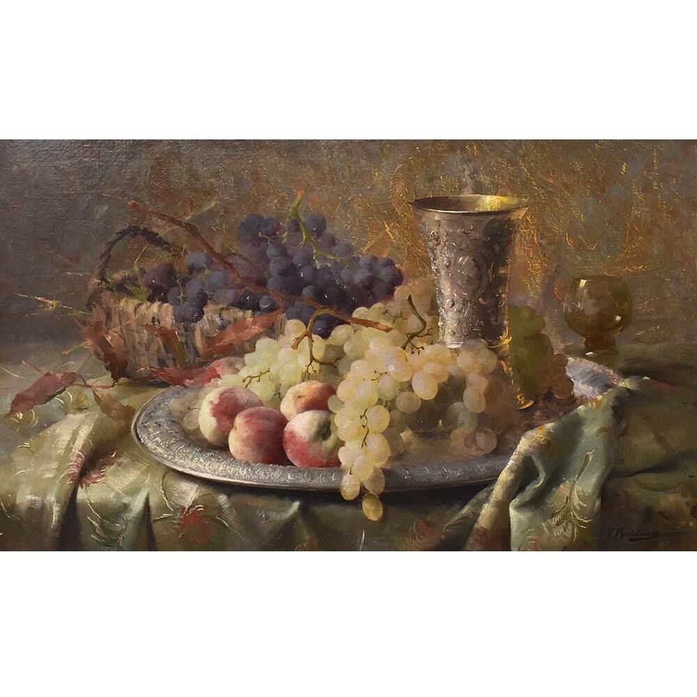 Still Life Oil Painting, Still Life With Fruit, Grapes And Peaches, Oil On Canvas, Antique Painting, XIX Century. photo furniture