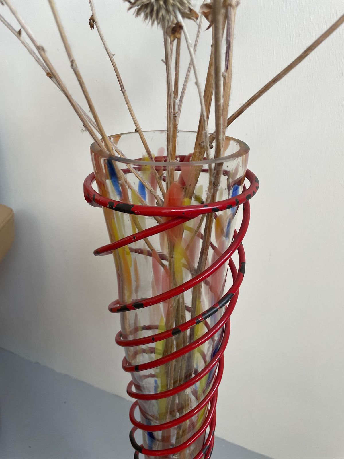 Large Painted Conical Glass Floor Vase And Red Ironwork Spiral Industrial Frame photo furniture
