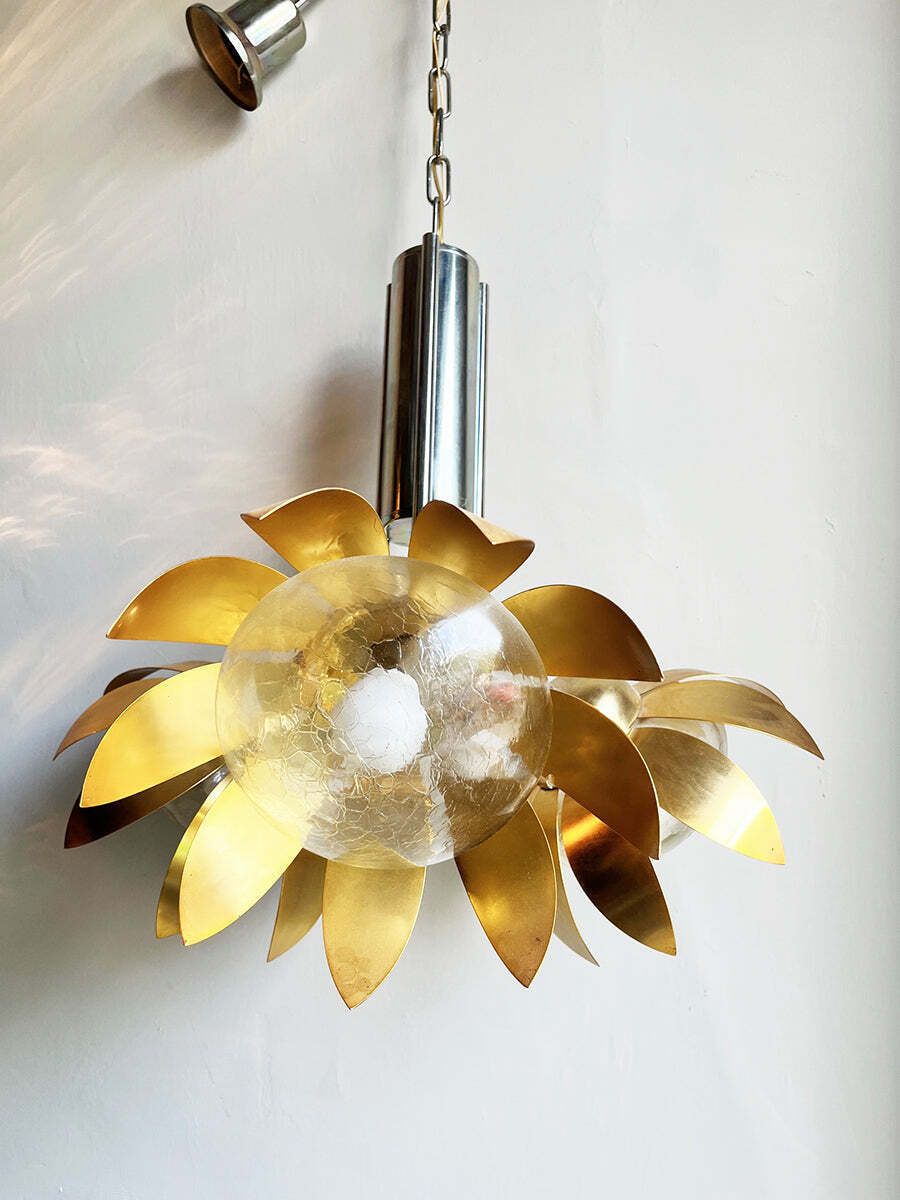 Vintage 70's Brass And Chrome Steel Floral Pendant Lamp  Top Lighting