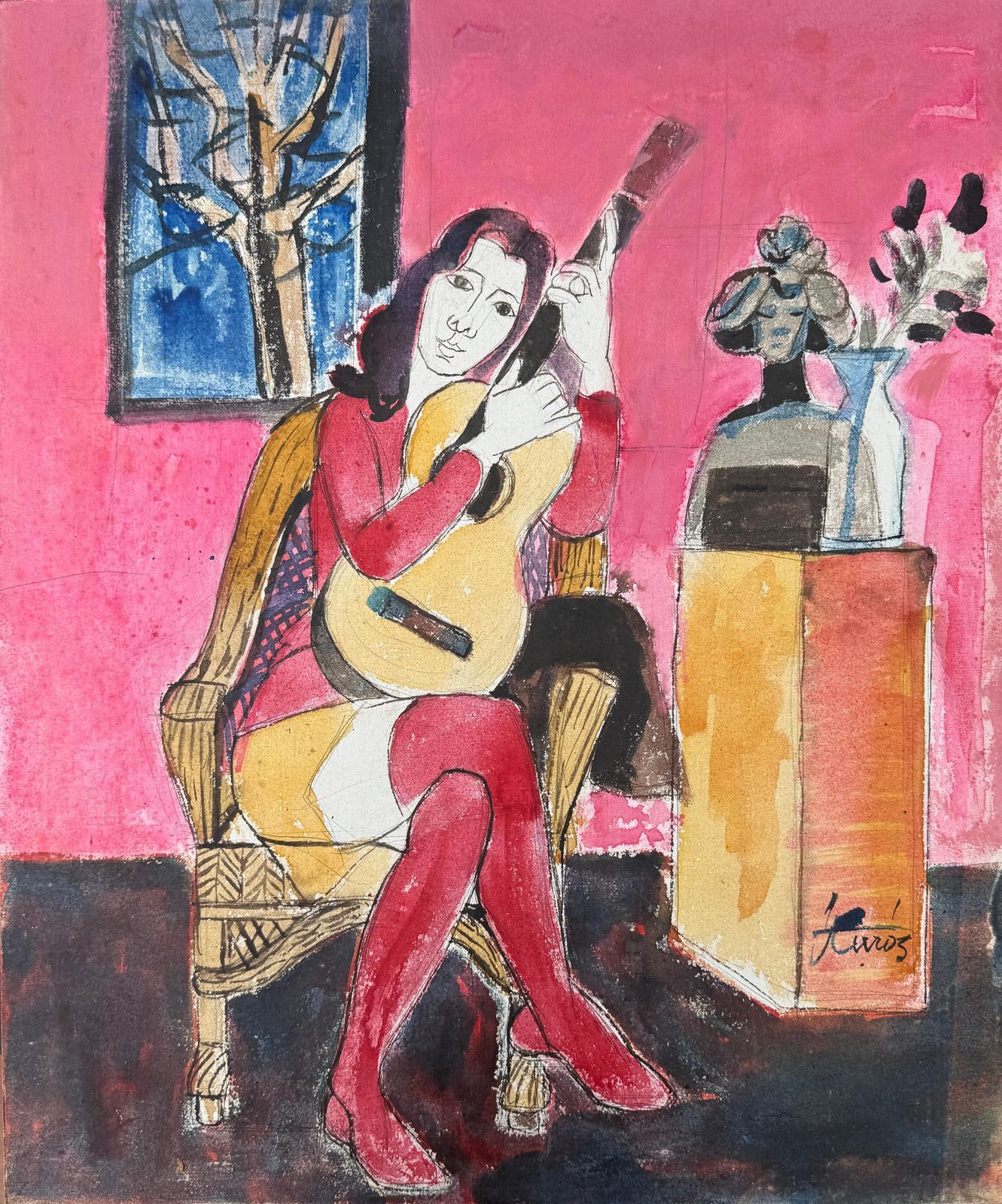 Jordi Curos Ventura Woman With Guitar Mixed Media Painting