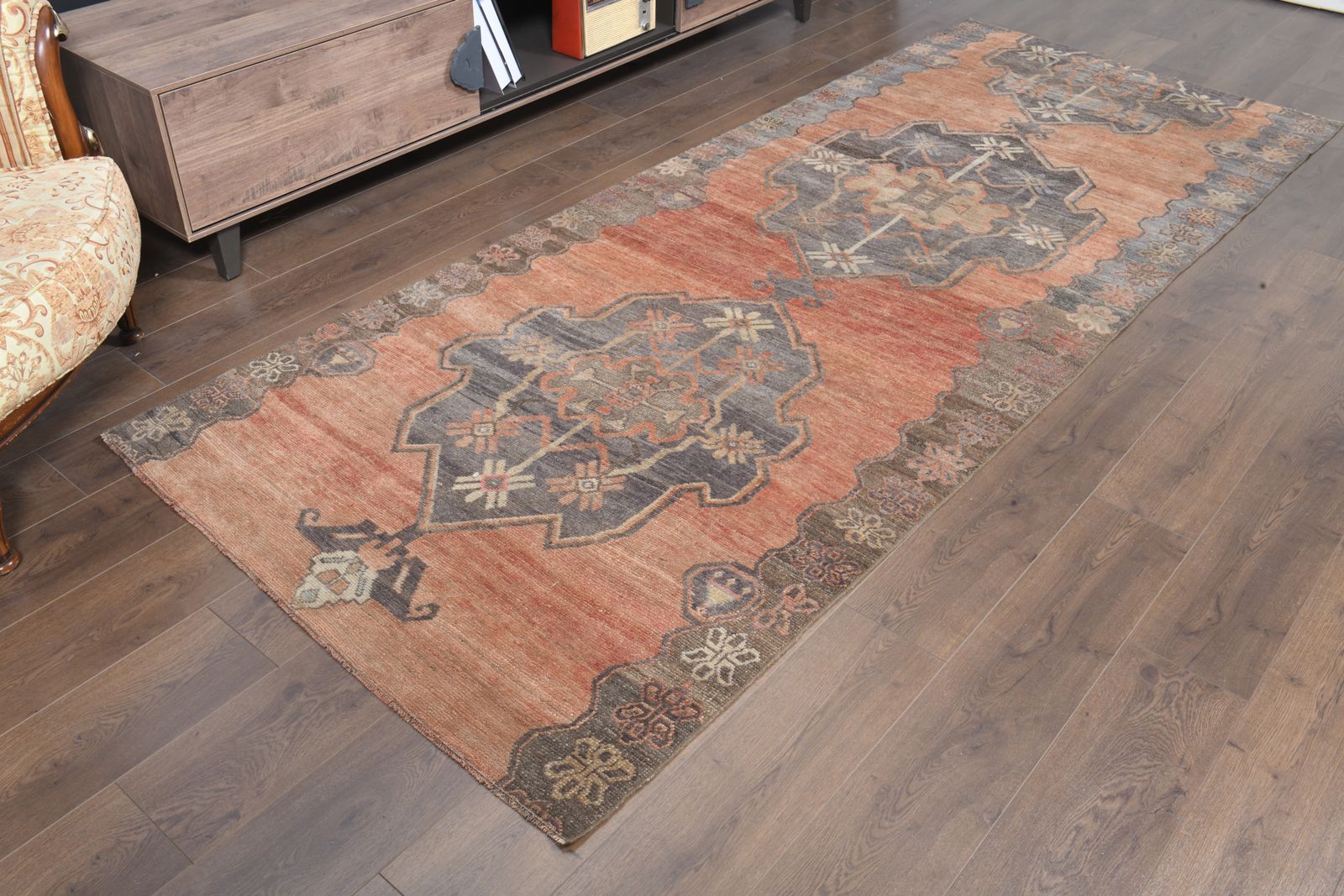 4'2x10'4 Ft, Orange Farmhouse Decor Vintage Turkish Runner, Washable, Kitchen Decor, Stair Decor, Hallway Rug, Wool Oushak Carpet, Handmade, Star photo for sale