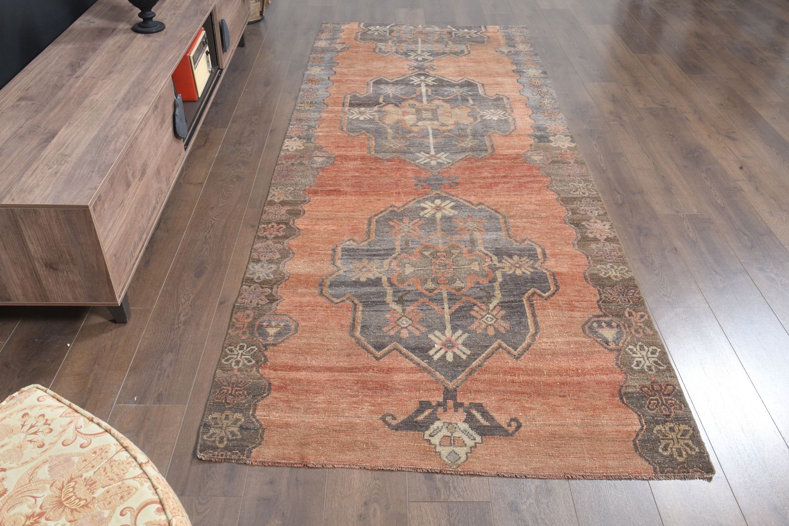 photo furniture 4'2x10'4 Ft, Orange Farmhouse Decor Vintage Turkish Runner, Washable, Kitchen Decor, Stair Decor, Hallway Rug, Wool Oushak Carpet, Handmade, Star