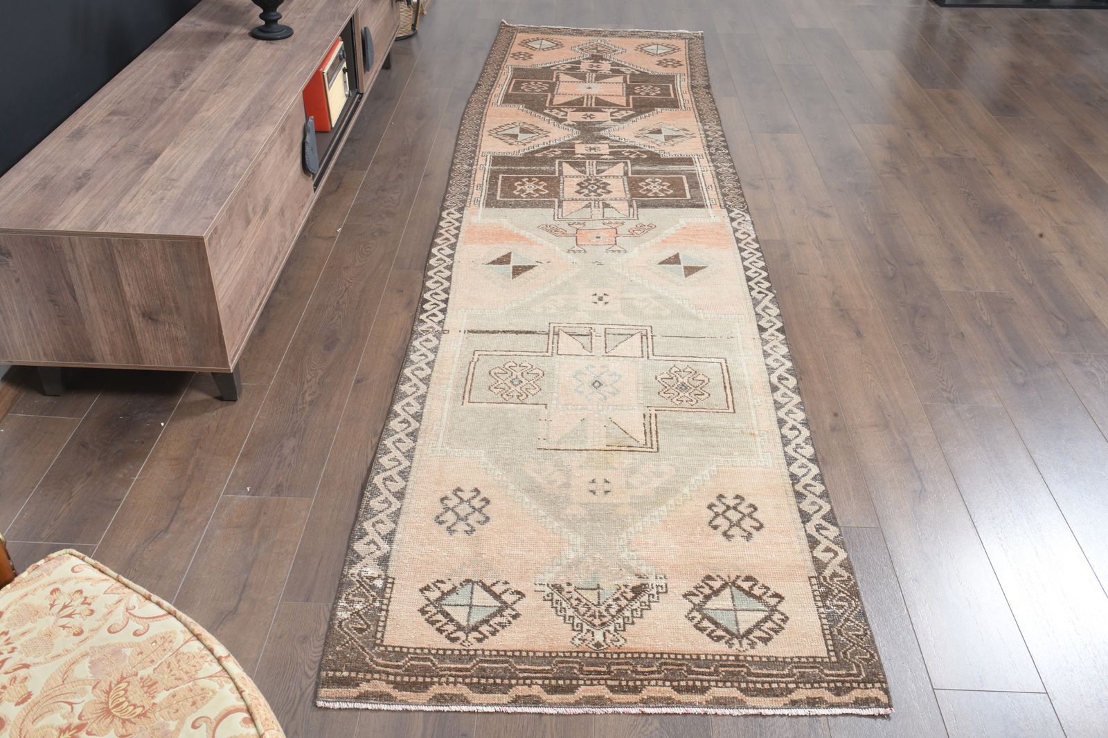 3'2x12'1 Ft, Boho Chic Decor One Of A Kind Turkish Runner, Handmade Oushak Rug, Wool, Washable, Low Pile, Hallway Carpet, Kitchen Decor, Stair Decor photo for sale