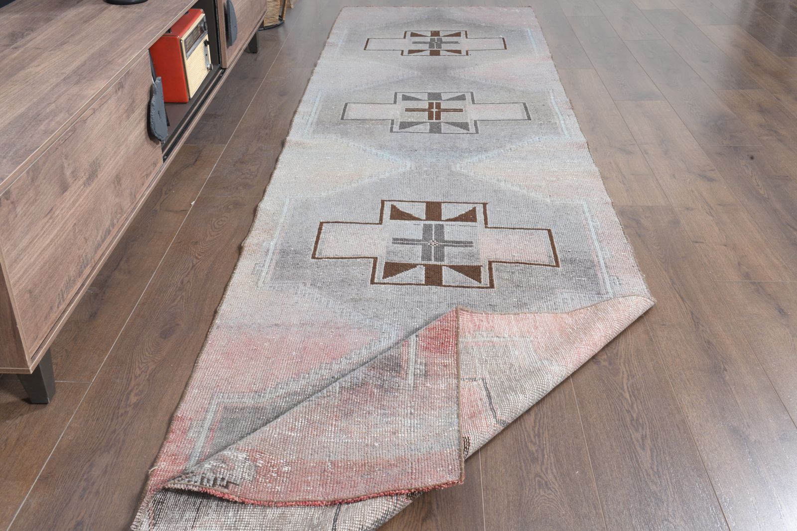 3'2x12'3 Ft, Unique Wool Vintage Turkish Runner, Handmade Oushak Rug, Grey Color, Root Dye, Washable, Stair Decor, Hallway Decor, Kitchen Decor, 3x12