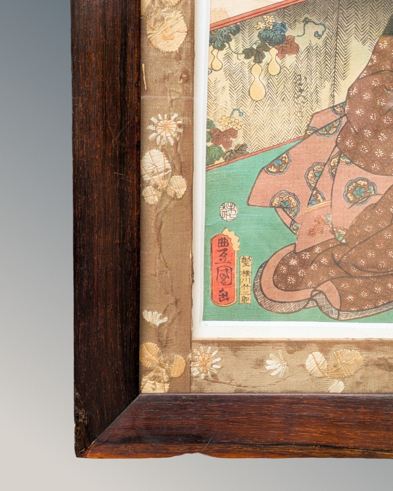 photo for sale Antique Japanese Woodblock Print  Rosewood Frame And Silk Brocade Mount