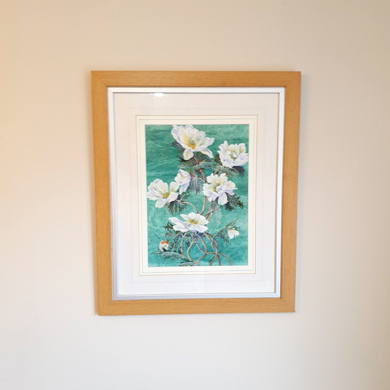 Signed Watercolour Flowers Original Painting June G. Skinner Framed Green Large photo furniture