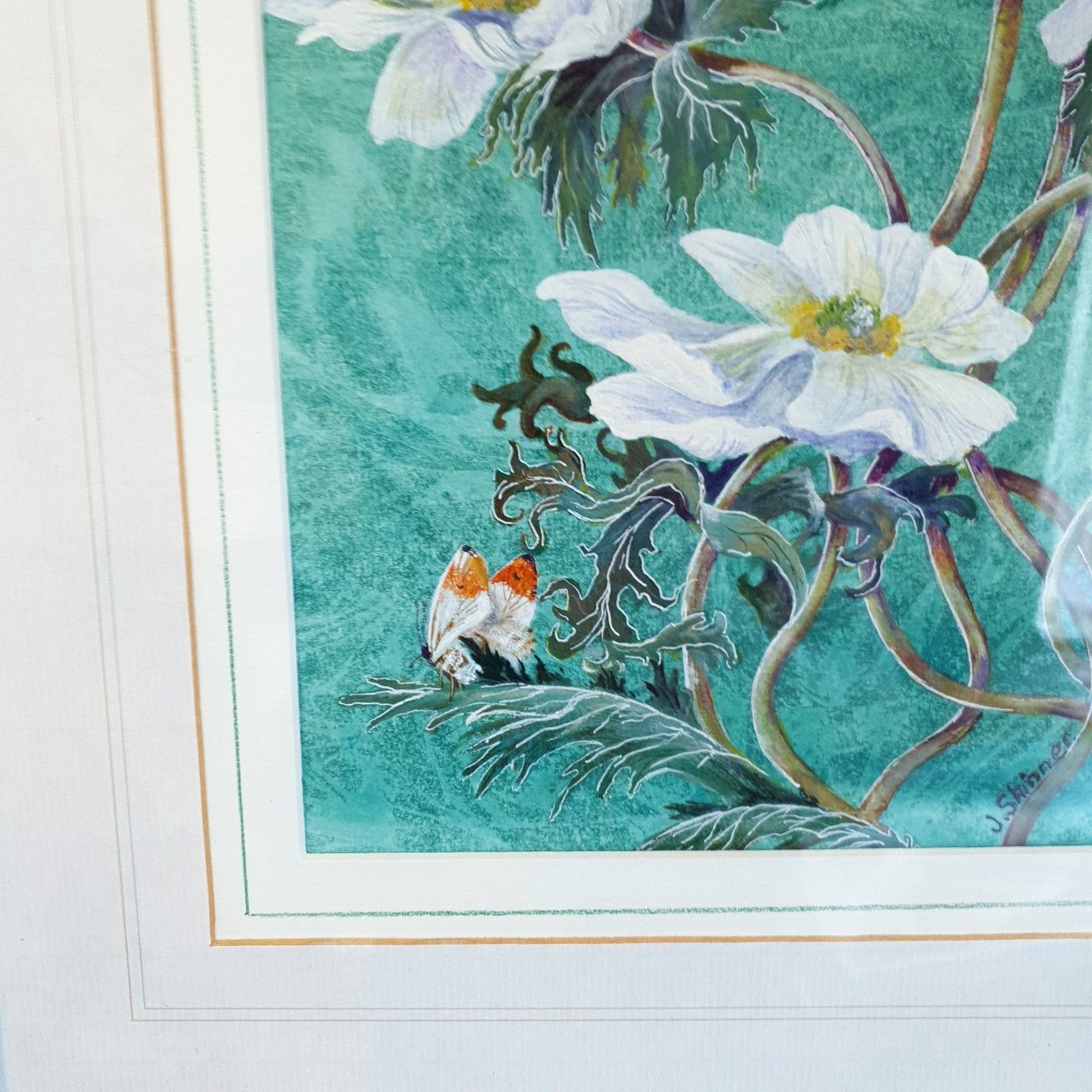 Signed Watercolour Flowers Original Painting June G. Skinner Framed Green Large photo vintage
