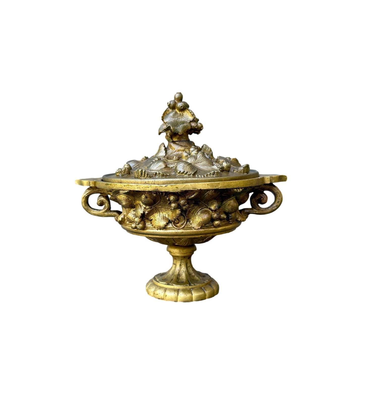 Antique French Neo Classical Bronze Cassolette Covered Dish, Fruit & Flower Motif