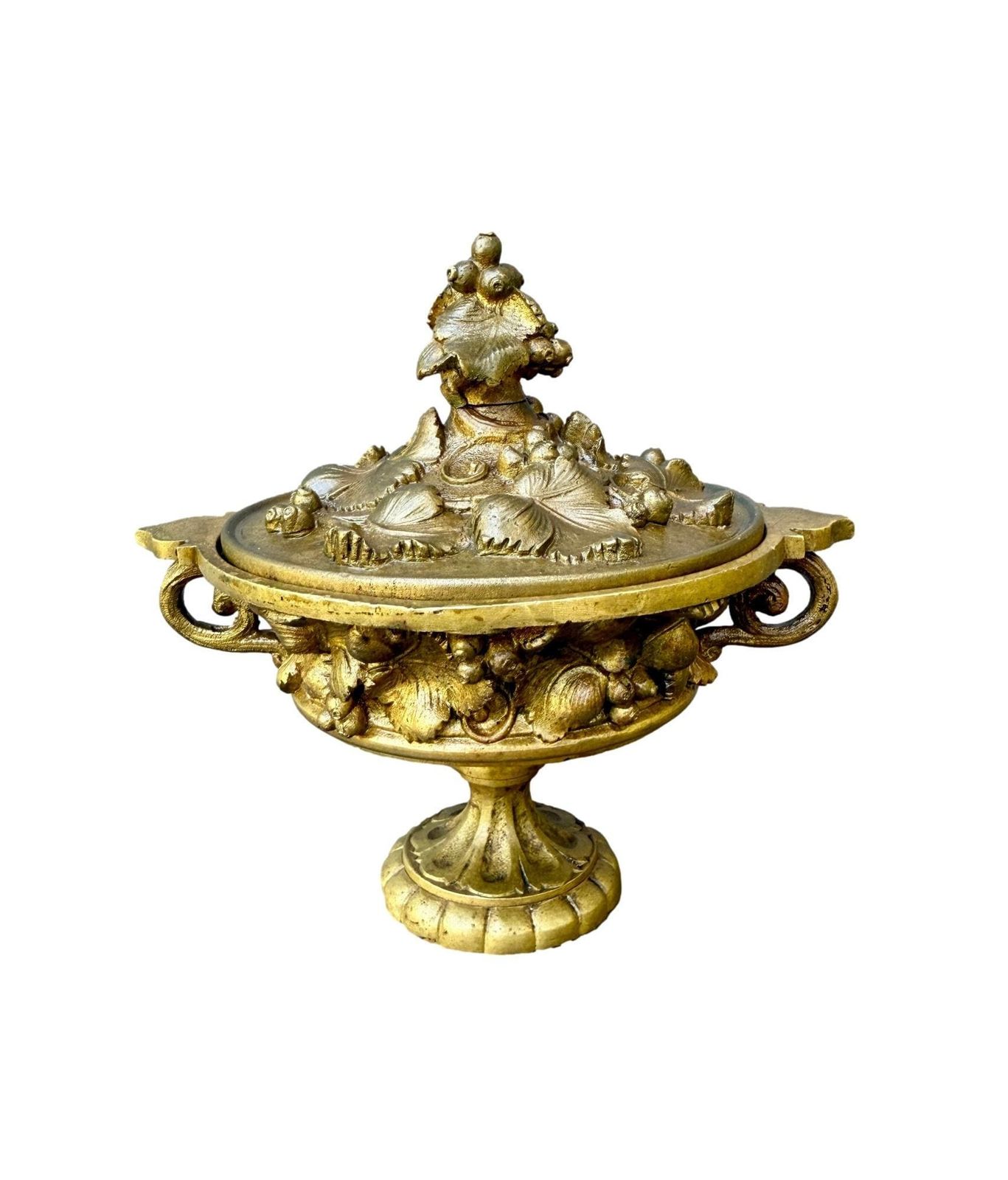 Antique French Neo Classical Bronze Cassolette Covered Dish, Fruit & Flower Motif photo furniture