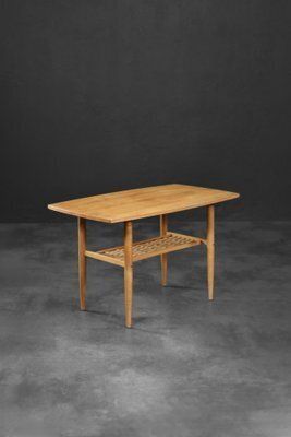 Mid Century Modern Scandinavian Cherry Wood Coffee Table With Woven Shelf, 1960s