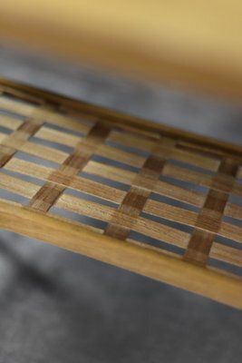 Mid Century Modern Scandinavian Cherry Wood Coffee Table With Woven Shelf, 1960s photo furniture