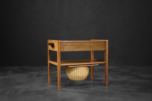 Vintage Danish Modern Teak Thread Side Table With Wicker Basket, 1960s photo for sale