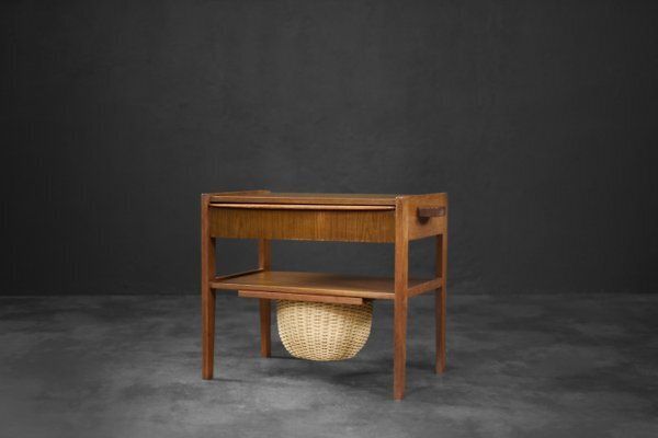 Vintage Danish Modern Teak Thread Side Table With Wicker Basket, 1960s photo vintage