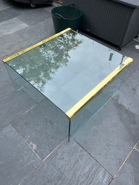 Vintage Gallotti And Radice Square Coffee Table With Smoked Glass And Brass Detailing photo furniture
