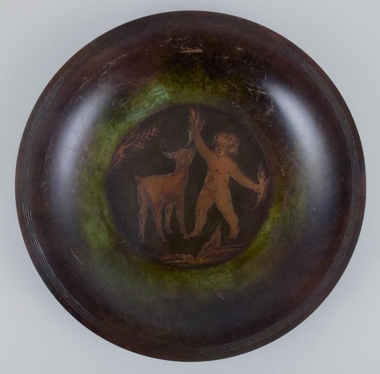 Just Andersen. Rare Bronze Dish. With A Motif Of Boy And Goat Kid. photo for sale