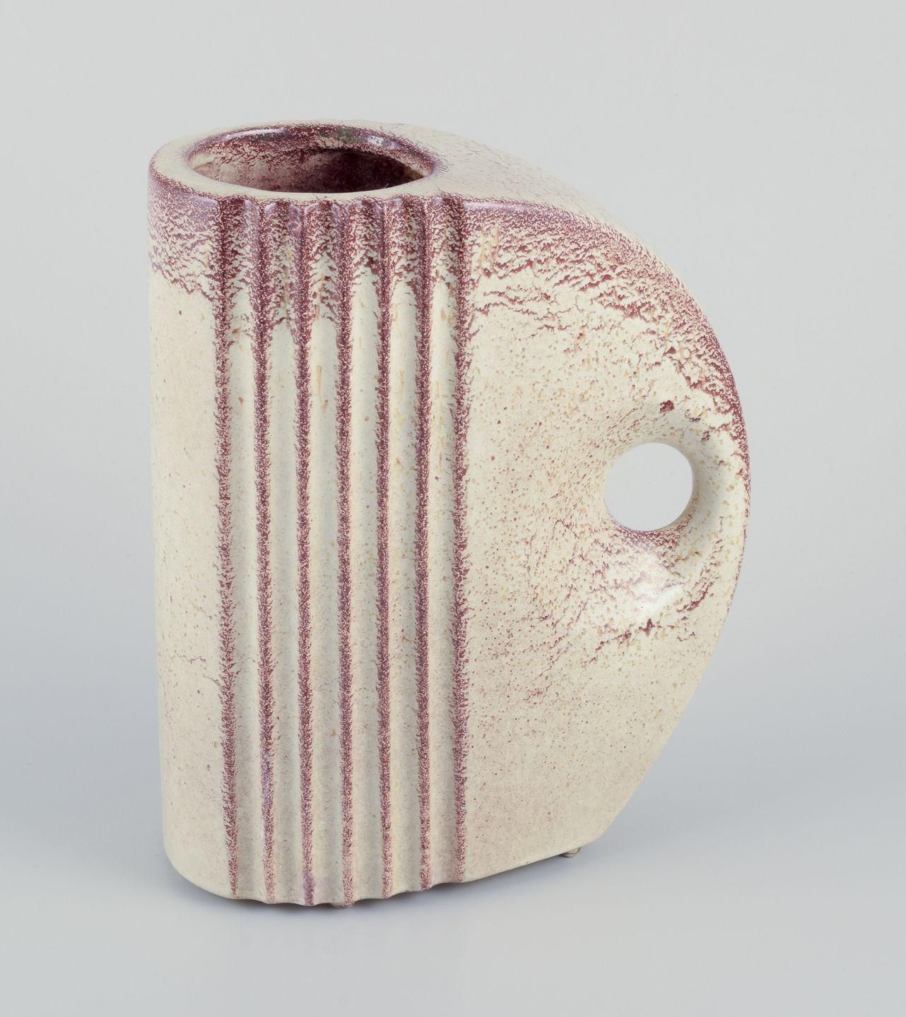 French Ceramicist. Pair Of Art Deco Jug Shaped Vases With Handles. photo for sale