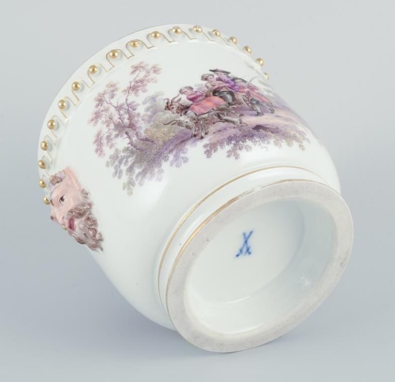 Antique Meissen Flowerpot In Porcelain. With Motif Of Faun And Bucolic Scenes. photo vintage