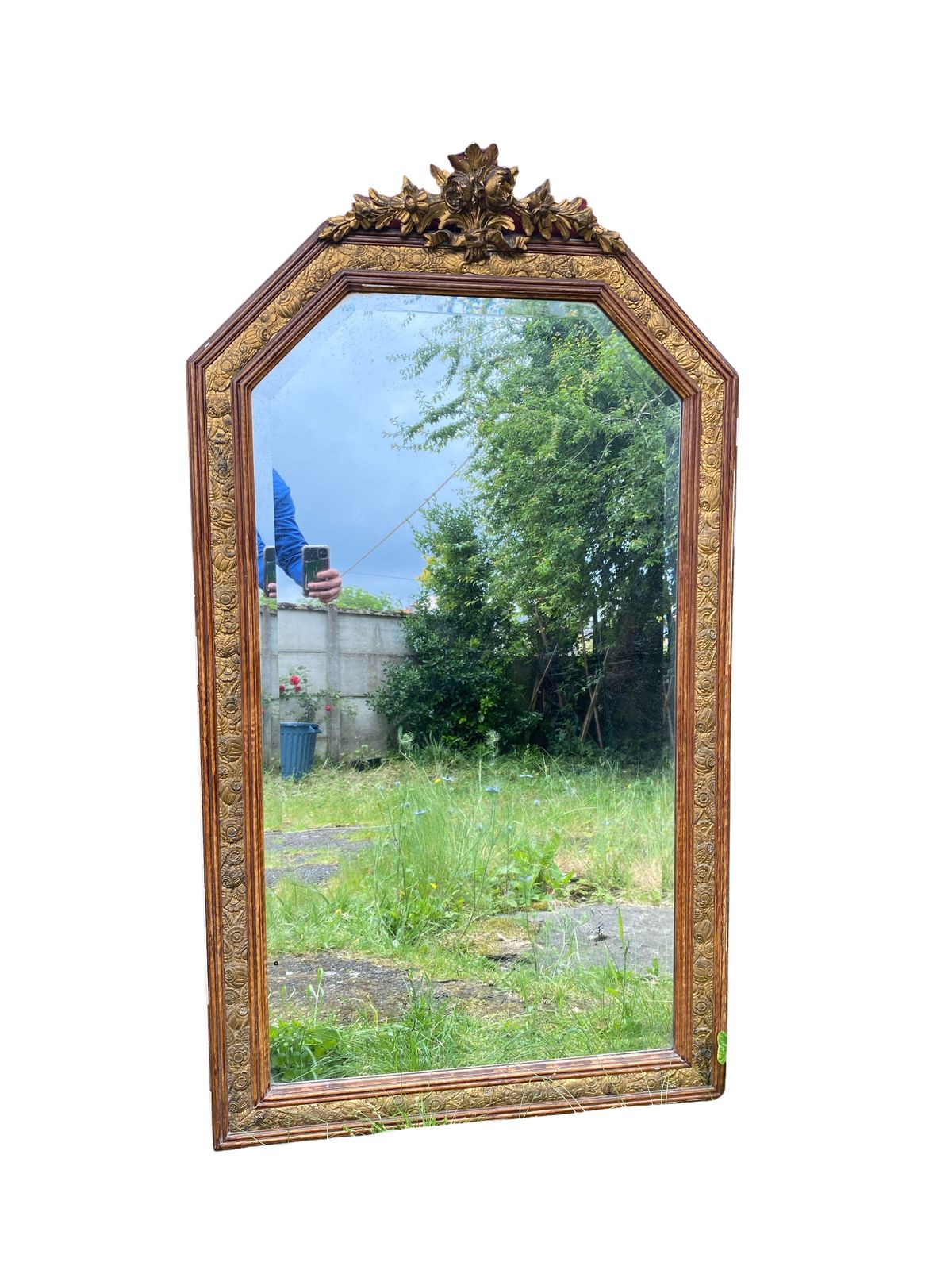 Large Gilded Wood Mirror, Louis XVI   Art Nouveau Transition Style, Bevelled Glass, Late 19th Century photo for sale