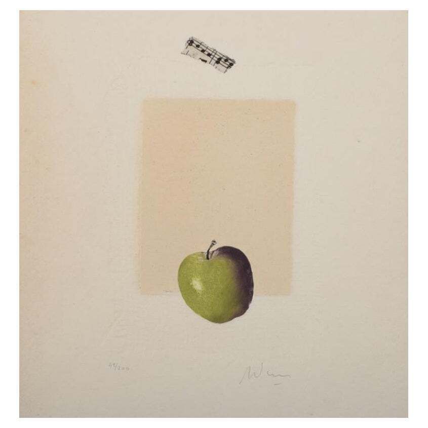Alain Soucasse, France. Color Lithograph. Modernist Arrangement With Apple.