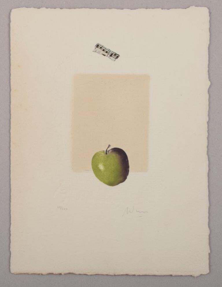 Alain Soucasse, France. Color Lithograph. Modernist Arrangement With Apple. photo furniture