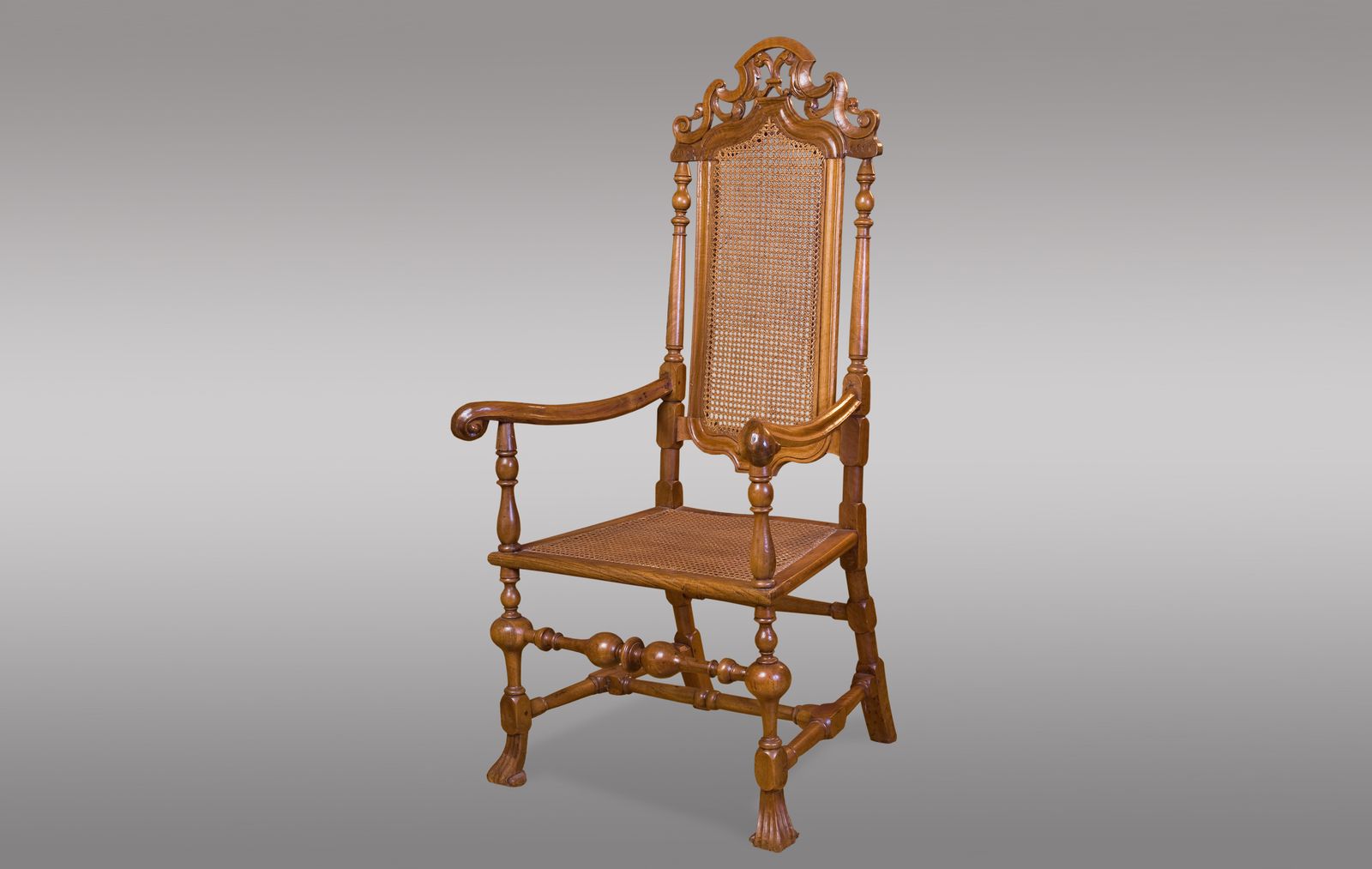 Spanish Carved Walnut Armchair. Late Seventeenth Century Carlos II Period.