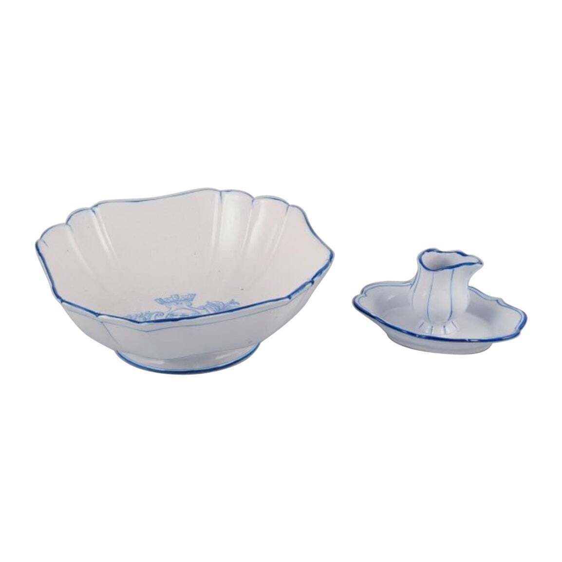 Emile Gallé For St. Clement, Nancy, France. Large Square Bowl And Sauce Boat