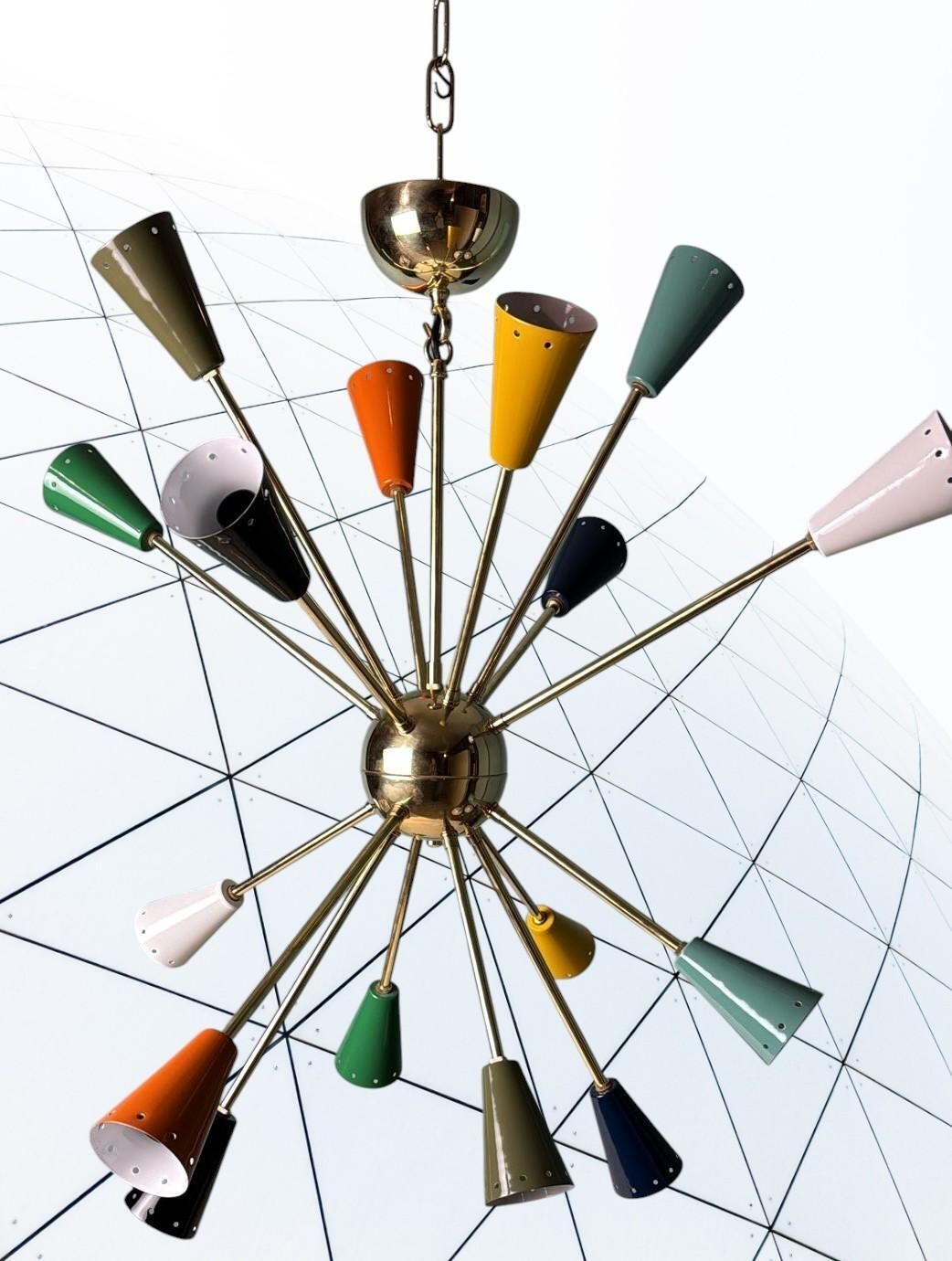 Stilnovo Style Italian Sputnik Chandelier In Brass And Multicolor Enameled Metal photo buy