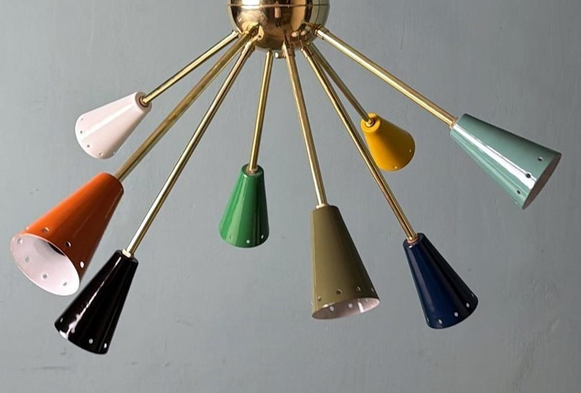 photo vinterior Stilnovo Style Italian Sputnik Chandelier In Brass And Multicolor Enameled Metal