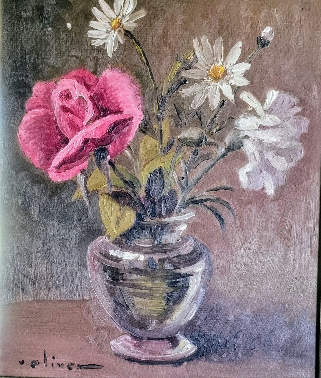 Original Framed Vintage Swedish Mid Century  Fuschia Rose And Daisies photo for sale