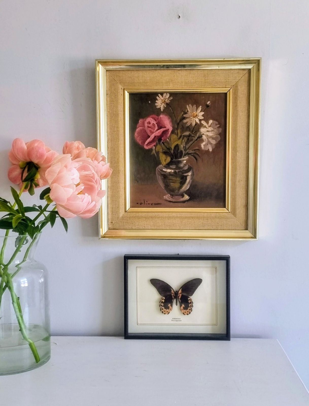 Original Framed Vintage Swedish Mid Century  Fuschia Rose And Daisies photo furniture