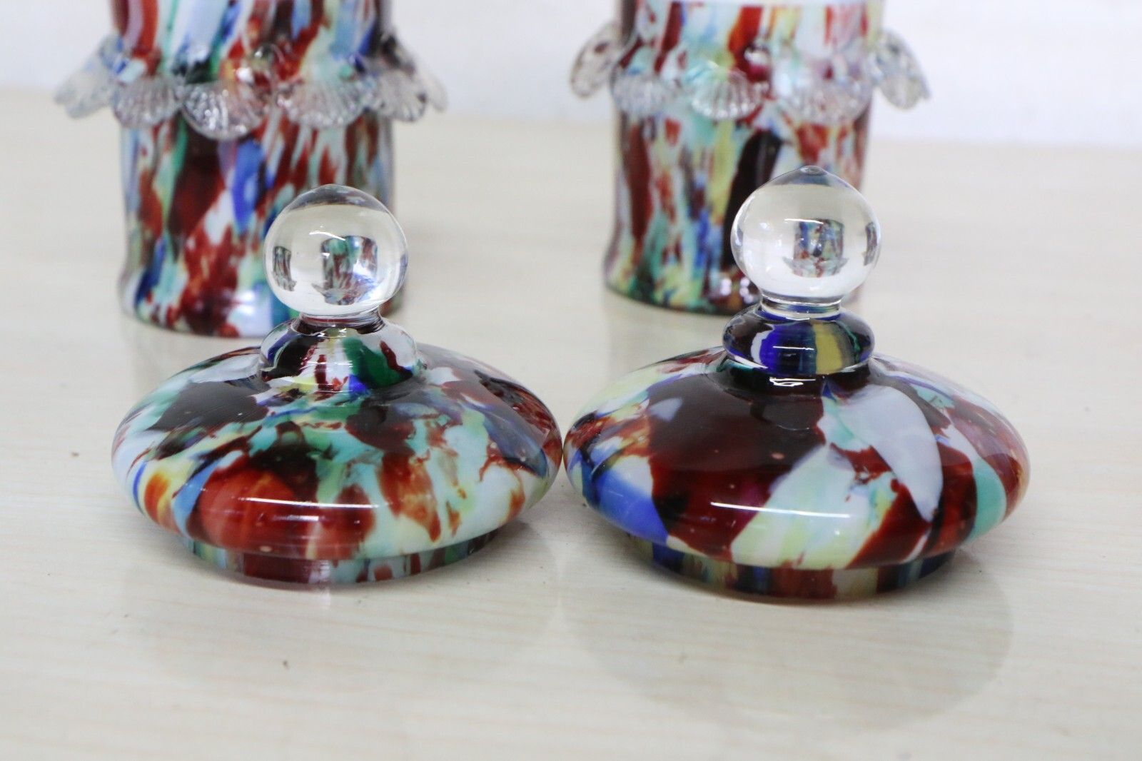Franz Welz Pair Of Splatter Glass Bohemian Glass Lidded Pots Antique C.1890’s photo 75.0