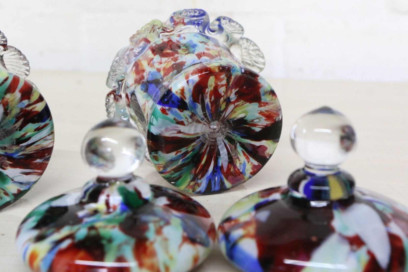 photo for sale Franz Welz Pair Of Splatter Glass Bohemian Glass Lidded Pots Antique C.1890’s