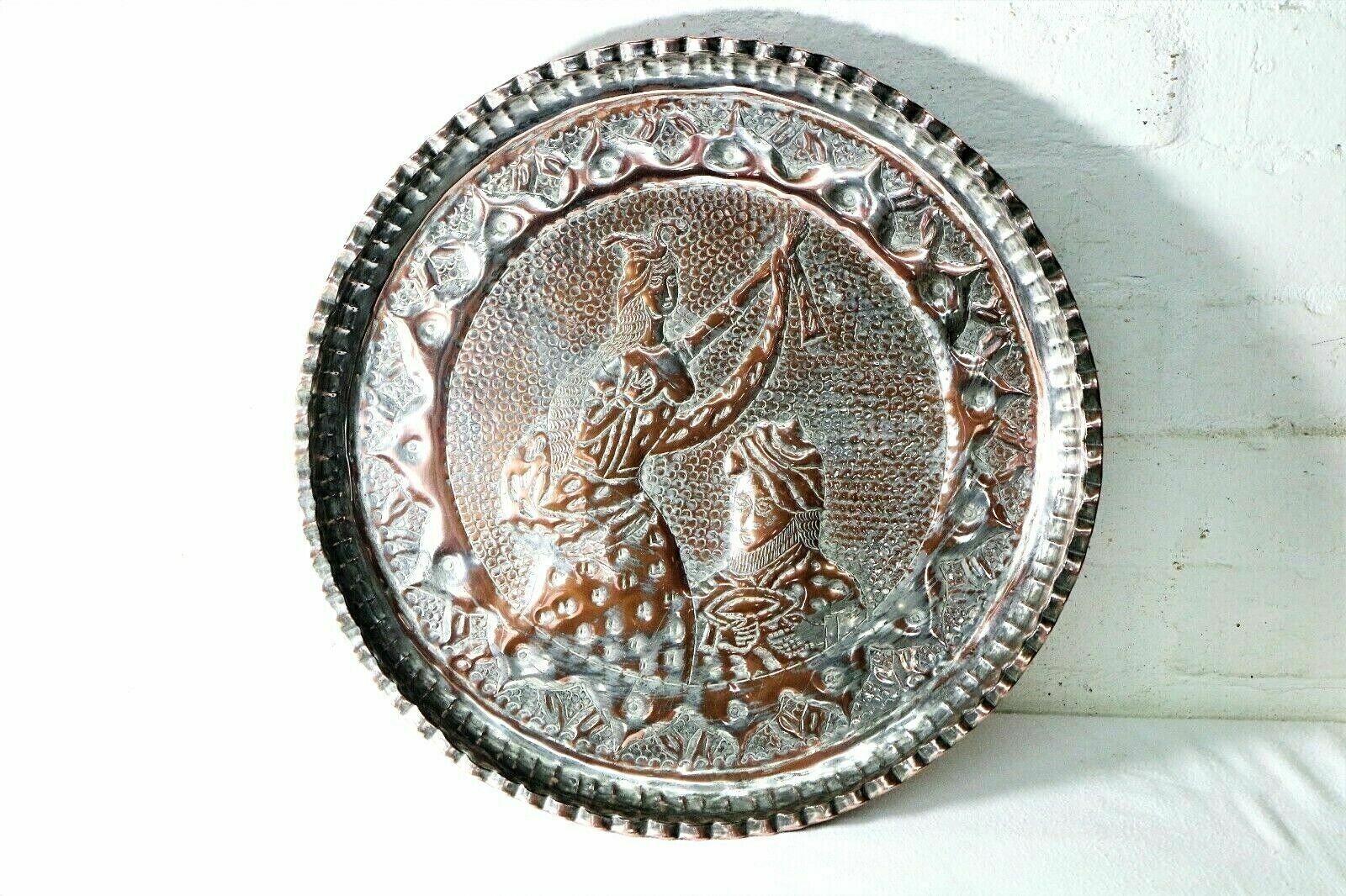 Antique Copper Tray Indian Hindu Wall Hanging Chased Figural Ethnic Decoration photo furniture